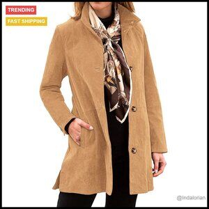 Suede Leather Trench Coat Stand Collar Single Breasted Mid Length Overcoat